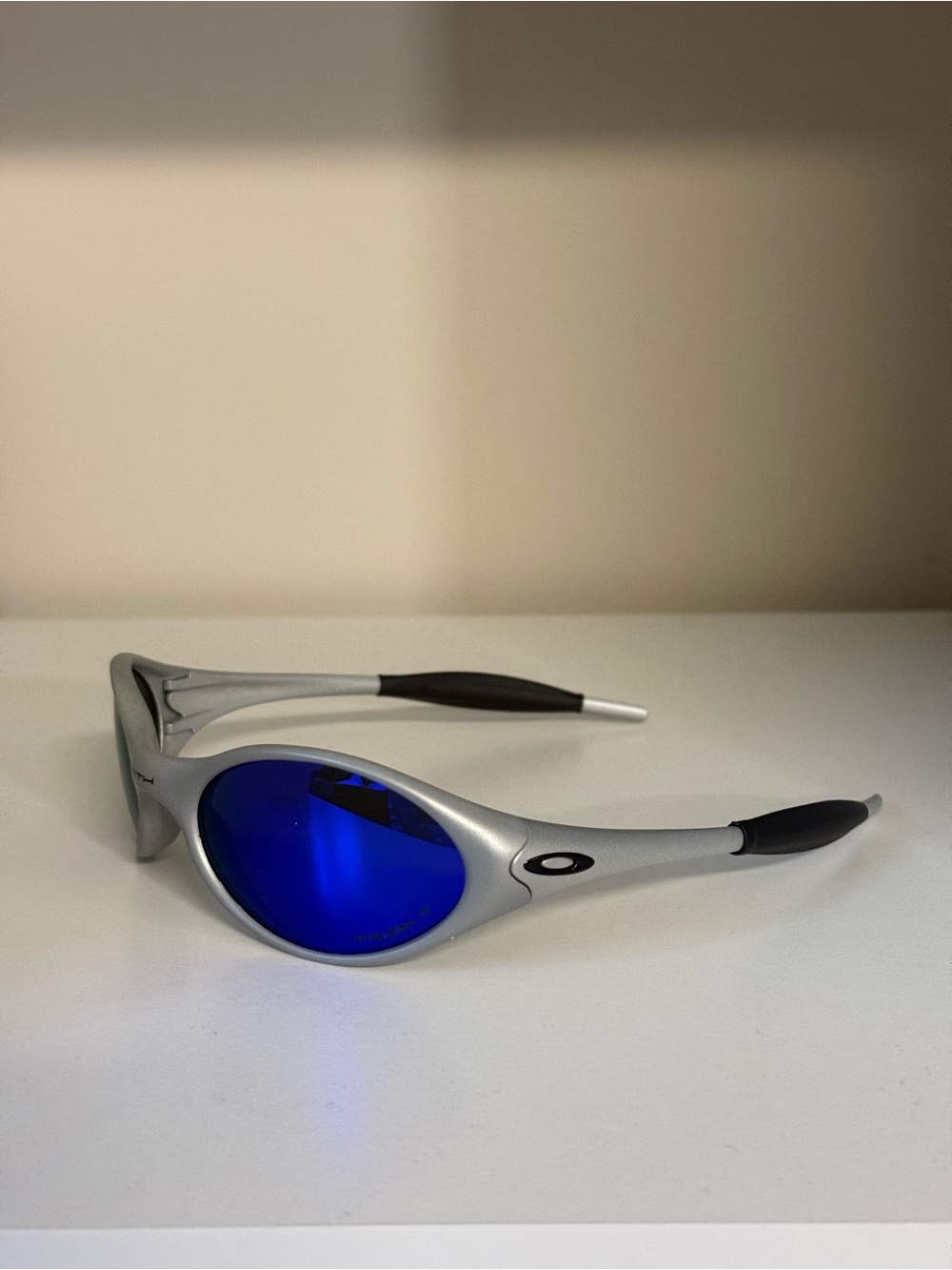 Oakley Inspired Silver Sunglasses with Blue Mirrored Lenses and Black Temples